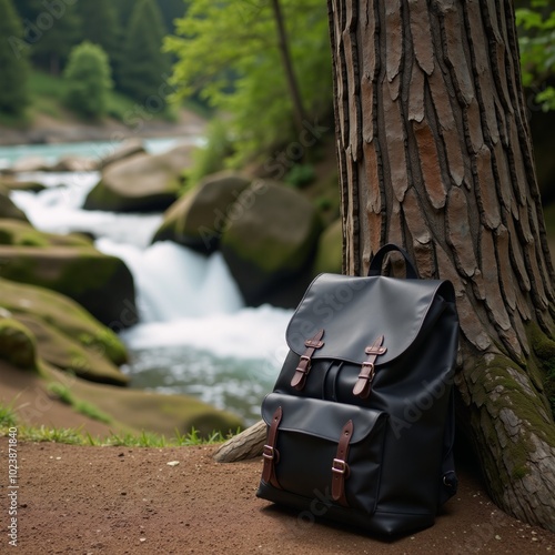 Backpack by a tree with river scene under natural light photo