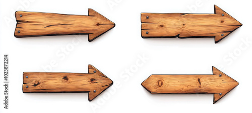 Fototapeta Naklejka Na Ścianę i Meble -  Wooden arrow plaque with cracks and nails for text box. Cartoon 3d render illustration of signboard with brown wood texture. Vintage rustic timber plank, nameplate or board frame with fracture.