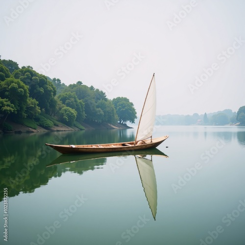 Peaceful Bamboo Raft floating on tranquil Lake Surface photo