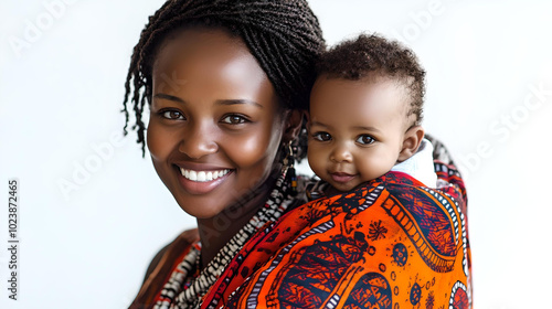 Mother Holding Baby Wrapped in Colorful Cloth
