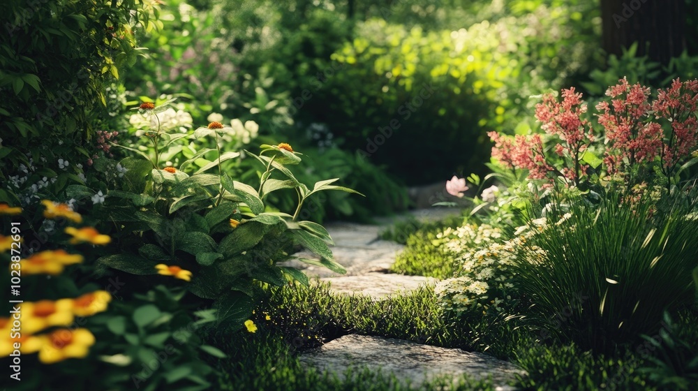 A peaceful garden filled with medicinal plants and flowers, showcasing their natural beauty A peaceful garden filled with medicinal plants and flowers, showcasing their natural beauty