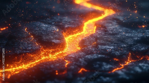 A stunning depiction of glowing lava flowing through rocky terrain, illuminated against a dark background, showcasing nature's fiery power and beauty.