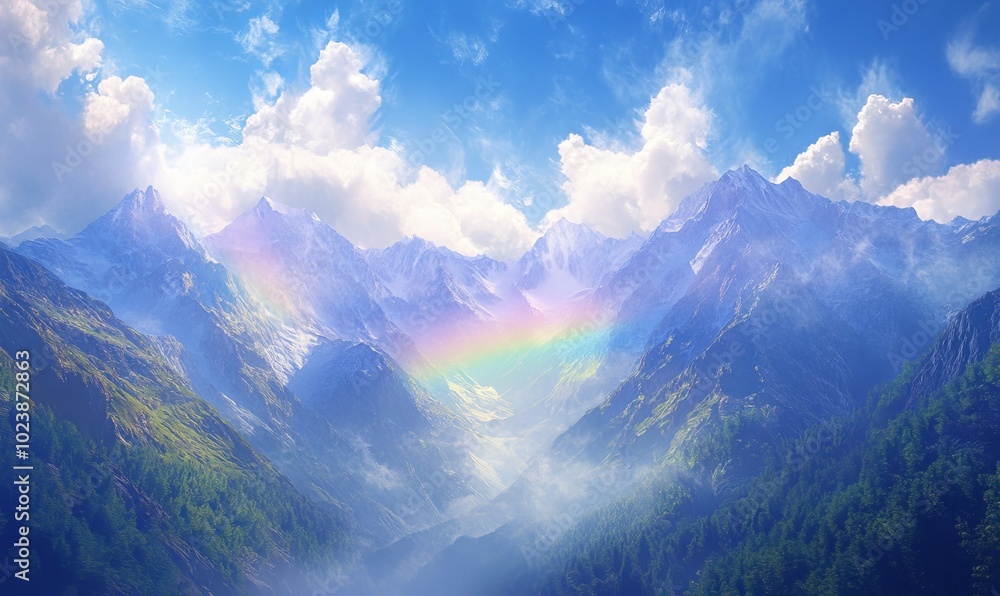 A colorful rainbow stretches across the sky above a majestic mountain range in the alps A colorful rainbow stretches across the sky above a majestic mountain range in the alps
