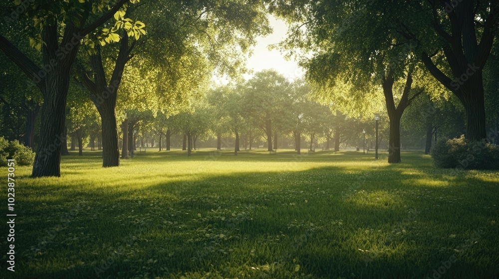 Fototapeta premium A peaceful park scene with vibrant green trees and a gentle breeze, symbolizing unity and hope