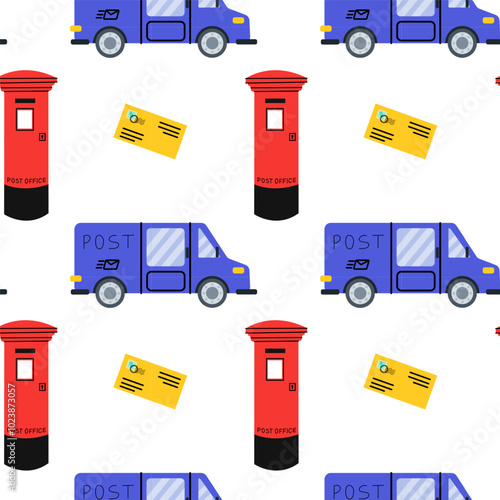 Colorful mail delivery scene with post office van and red mailboxes in a whimsical pattern