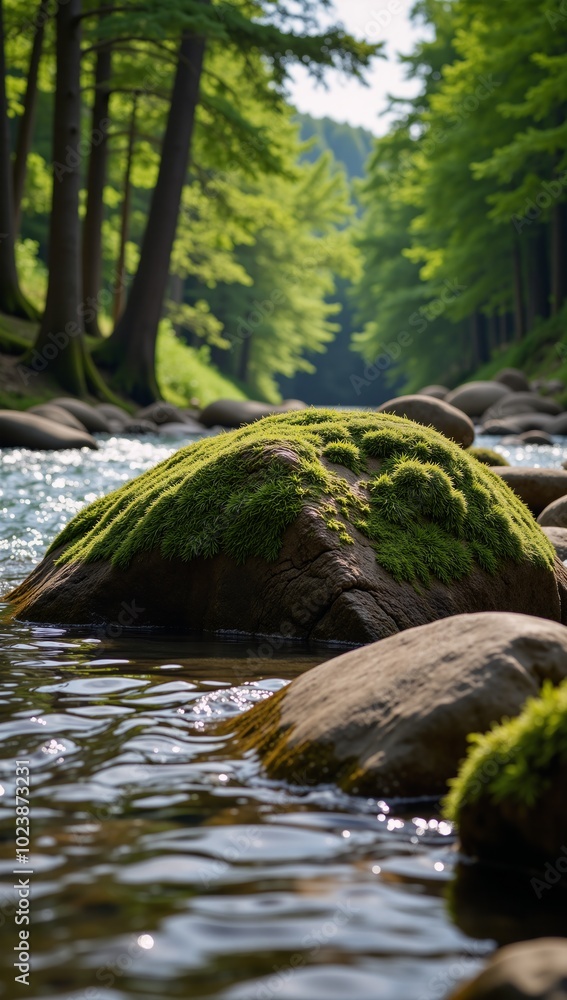 Rocks covered in verdant moss along a shoreside forested area Rocks covered in verdant moss along a shoreside forested area
