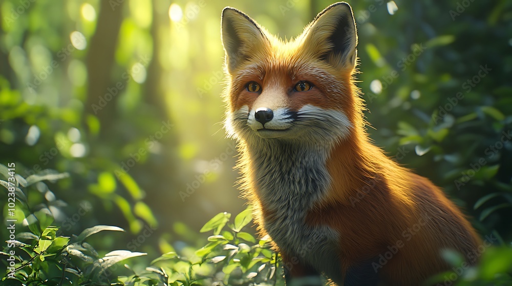 A wild red fox sits inside the forest looking around as sunlight peeks through the forest, red fox vulpes A wild red fox sits inside the forest looking around as sunlight peeks through the forest, red fox vulpes
