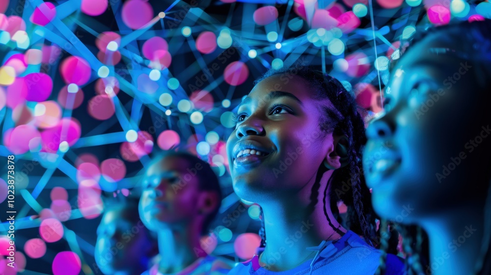 Diverse Alpha generation kids experiencing interactive digital art with bright neon lights Diverse Alpha generation kids experiencing interactive digital art with bright neon lights