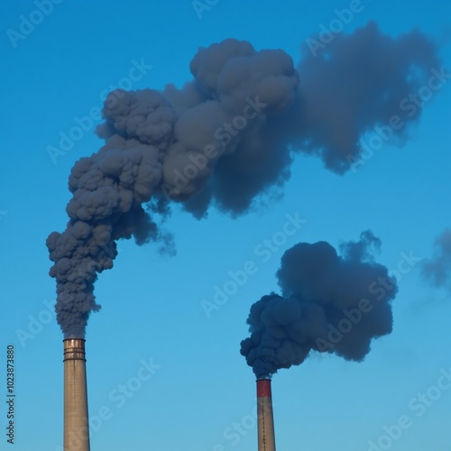 Smokestacks release pollutants against backdrop of clear skies showcasing industrial air pollution effects photo