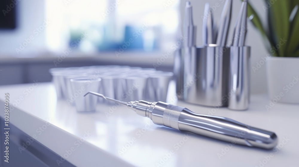 A polished dental drill resting on a white countertop beside a row of sterile dental cups A polished dental drill resting on a white countertop beside a row of sterile dental cups