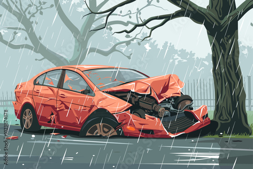 Illustration of a car crash showing severe front-end damage after colliding with a tree in the rain.