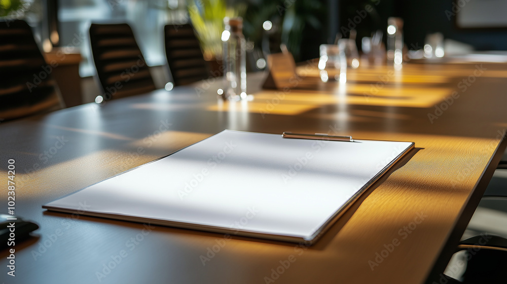 Sunlit conference room with long wooden table and paper stack, perfect for meetings. Sunlit conference room with long wooden table and paper stack, perfect for meetings.