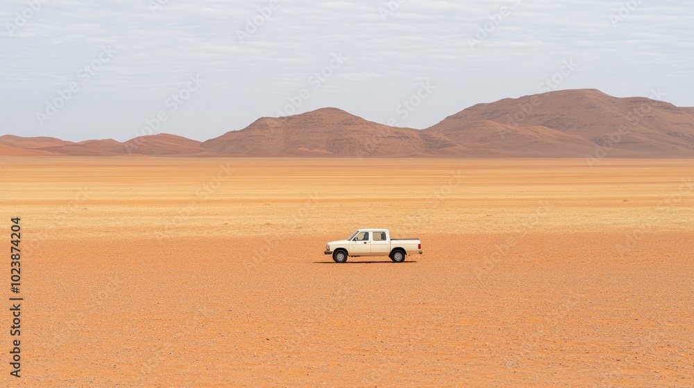 A white pickup stands on soft sand in the Saudi Arabian desert. Two men face the camera, surrounded by vast sand dunes and a bright, sunny sky A white pickup stands on soft sand in the Saudi Arabian desert. Two men face the camera, surrounded by vast sand dunes and a bright, sunny sky