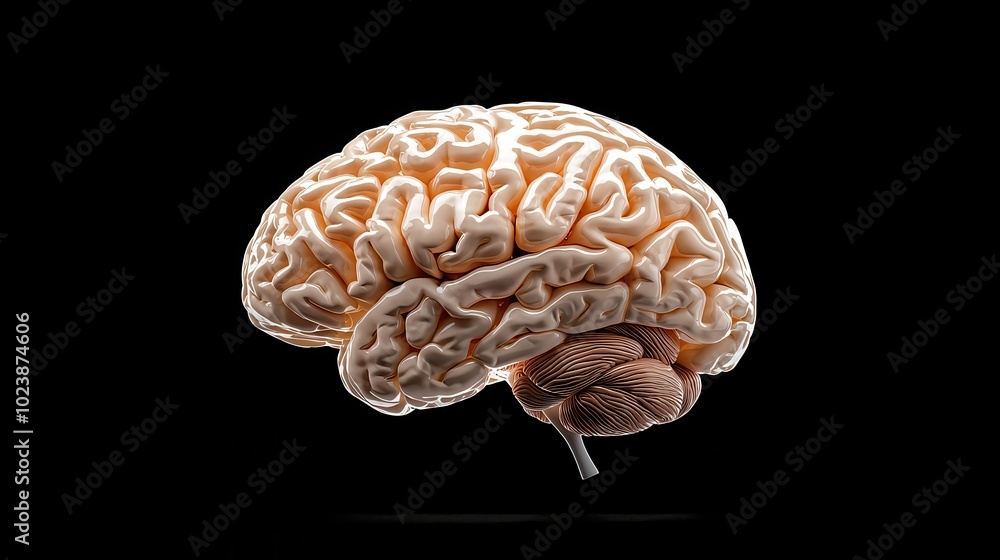 A detailed anatomical representation of a human brain illuminated against a dark background, showcasing its intricate folds and structures. A detailed anatomical representation of a human brain illuminated against a dark background, showcasing its intricate folds and structures.