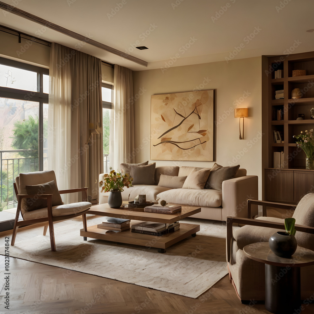 Fototapeta premium Elegant Neutral-Toned Living Room with Modern Minimalist Decor and Natural Light
