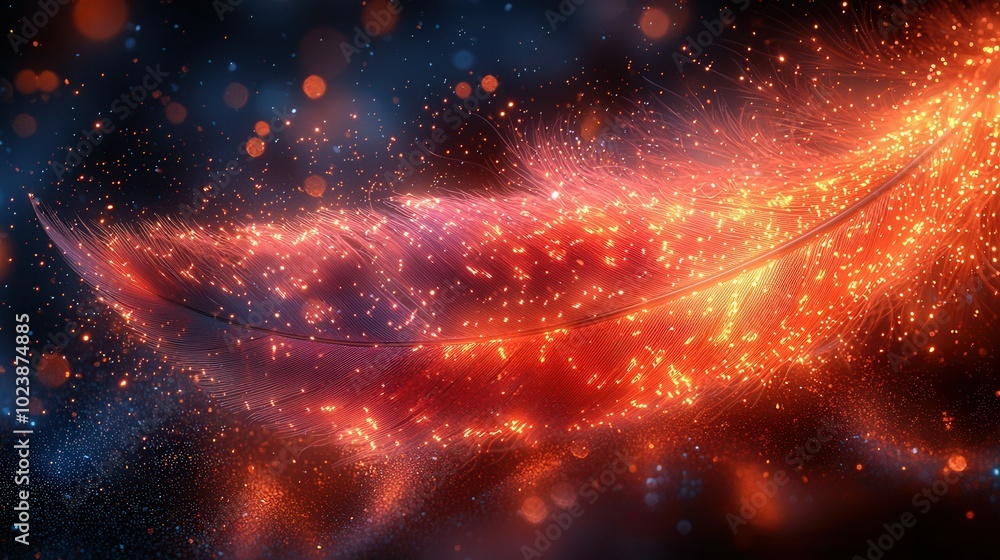 A mesmerizing feather shines with glowing orange and red effects, set against a dark, sparkling background, creating a creative and dreamy atmosphere. A mesmerizing feather shines with glowing orange and red effects, set against a dark, sparkling background, creating a creative and dreamy atmosphere.
