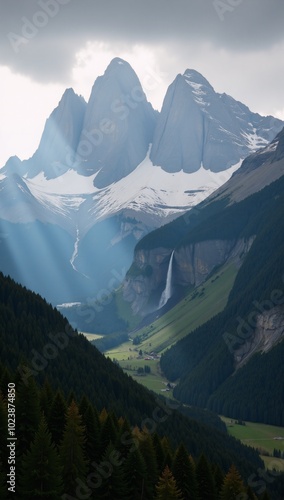 A majestic mountain forest landscape showcases foggy mornings and sunbeam rays breaking through photo