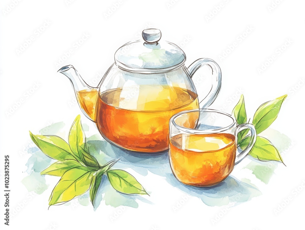 Tea pot with cup and green leaves, white isolate background Tea pot with cup and green leaves, white isolate background