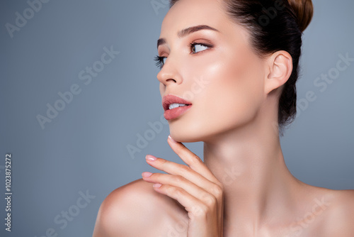 Tapeta Profile photo of stunning lady after lifting procedure isolated on grey color ba