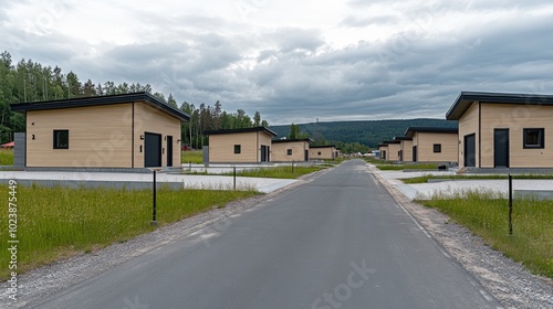 A row of modern wooden townhouses showcases diverse designs with black roofs, set against a lush green lawn and a backdrop of a dense forest