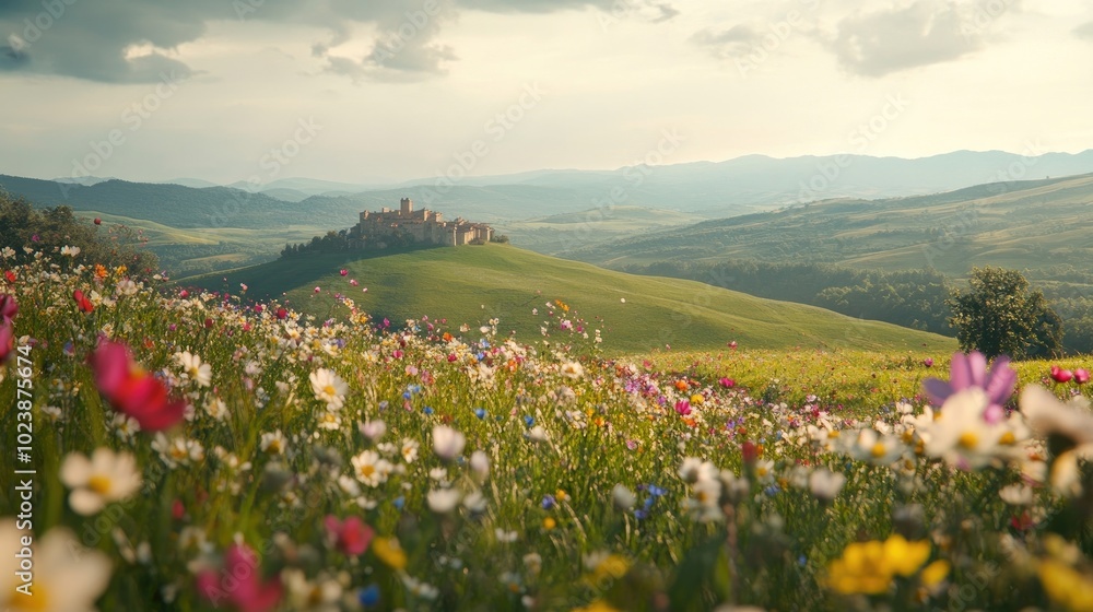 A scenic view of rolling green hills with a distant castle, framed by blooming flowers in vibrant colors A scenic view of rolling green hills with a distant castle, framed by blooming flowers in vibrant colors