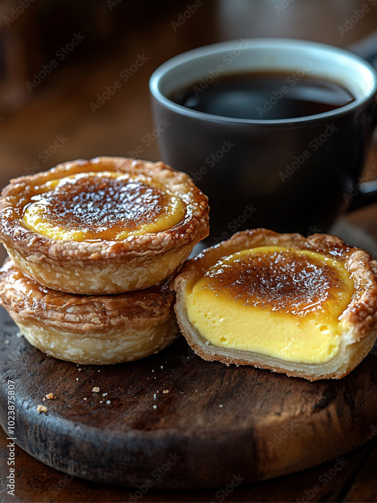 egg custard tart on the dark color table along with a cup of Hong Kong–style tea, fresh out the oven, The tart's golden crust is adorned with a glossy yellow egg custard tart on the dark color table along with a cup of Hong Kong–style tea, fresh out the oven, The tart's golden crust is adorned with a glossy yellow
