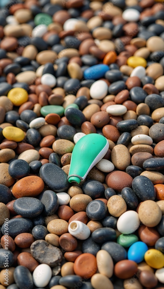 Vibrant pebbles interspersed with plastic litter Vibrant pebbles interspersed with plastic litter