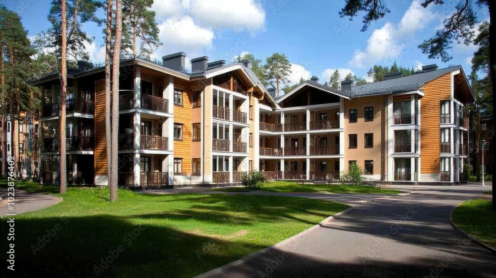 A row of modern wooden townhouses showcases diverse designs with black roofs, set against a lush green lawn and a backdrop of a dense forest A row of modern wooden townhouses showcases diverse designs with black roofs, set against a lush green lawn and a backdrop of a dense forest