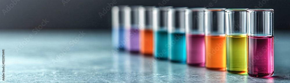 Colorful Test Tubes in a Row on a Grey Surface. Colorful Test Tubes in a Row on a Grey Surface.