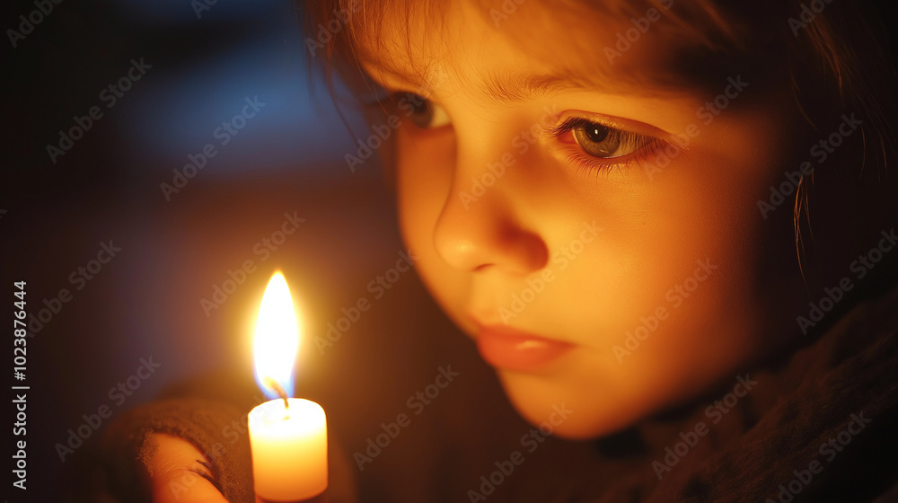 Child lighting Shamash candle with match in intimate Hanukkah setting.
Child lighting Shamash candle with match in intimate Hanukkah setting.