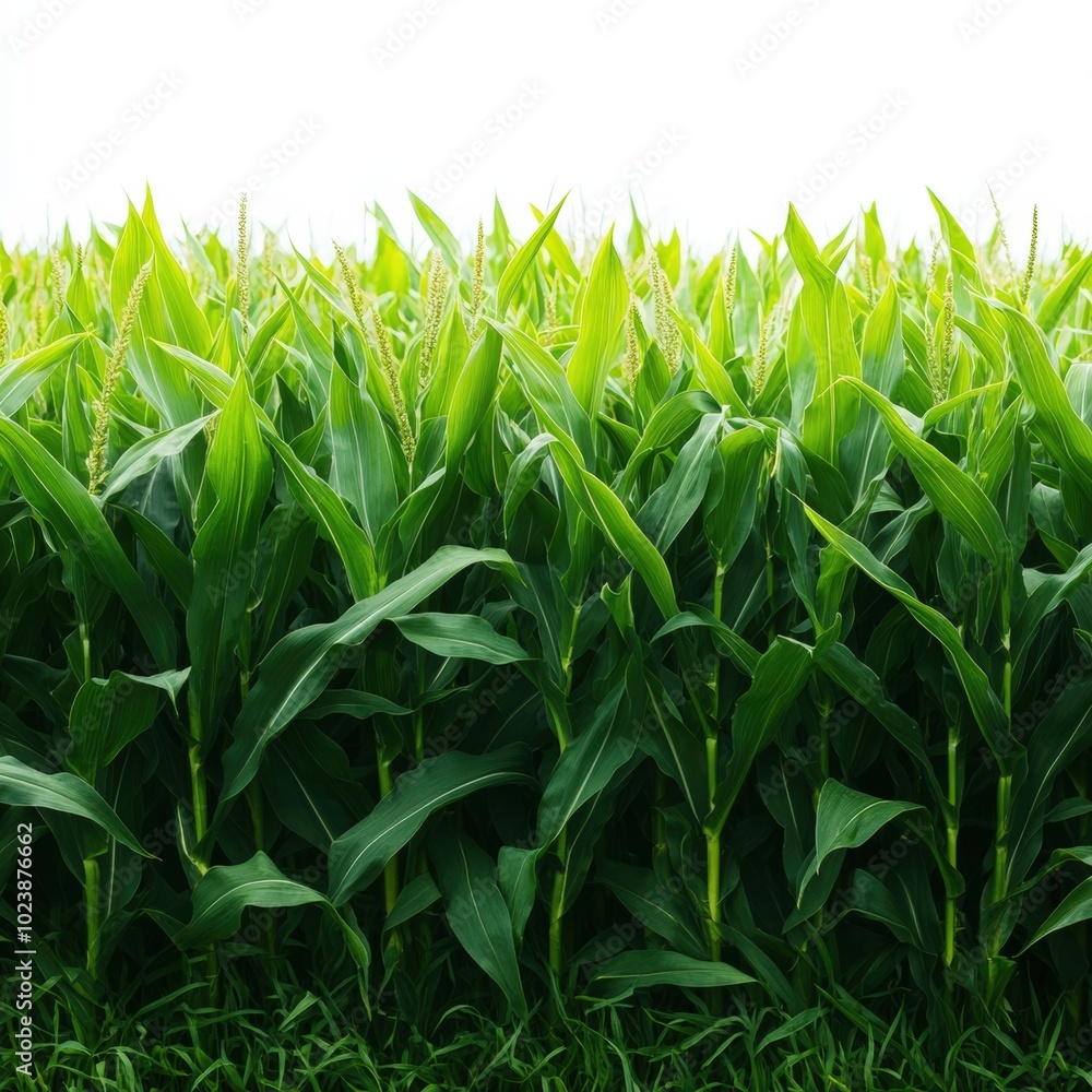Lush green cornfield with vibrant leaves on a white isolated background. Lush green cornfield with vibrant leaves on a white isolated background.