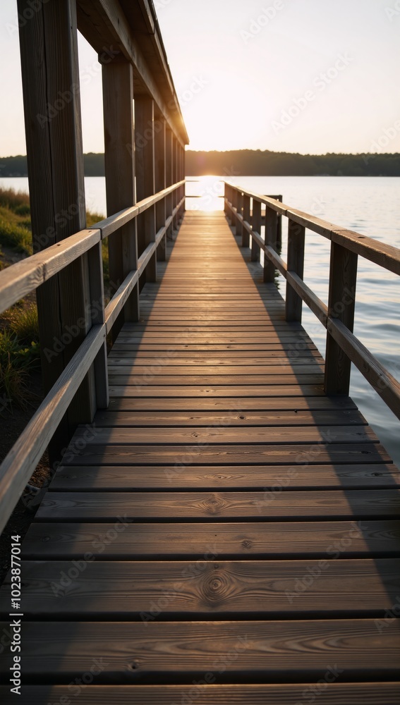 Obraz premium Wooden pier stretches over serene lake at sunrise