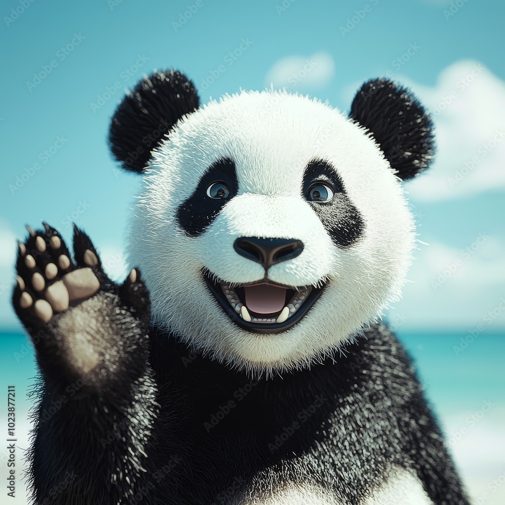 A cheerful cartoon panda waving happily at the beach, embodying joy and playfulness. A cheerful cartoon panda waving happily at the beach, embodying joy and playfulness.