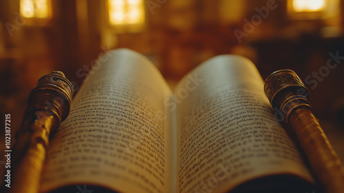 Close-up of an open Torah scroll with Hebrew text and wooden handles.

 photo