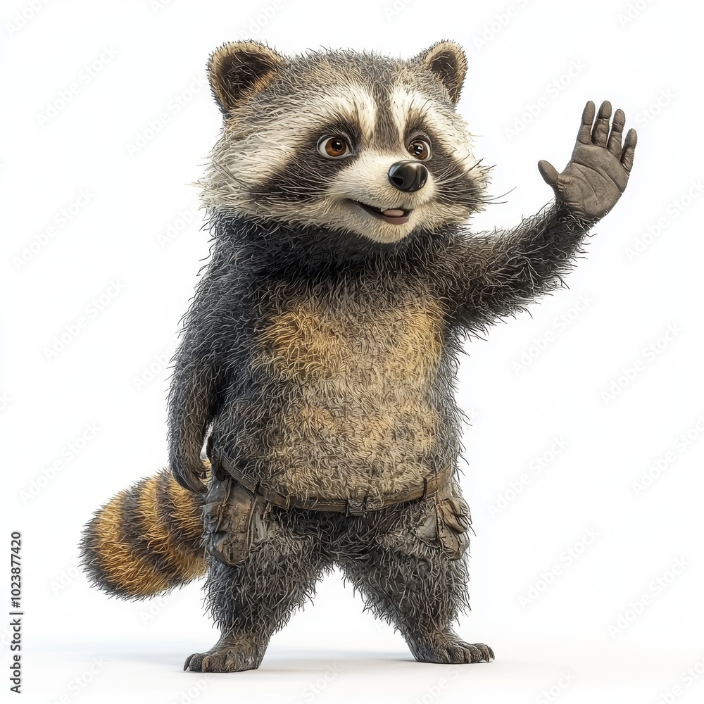 A cute animated raccoon character waving cheerfully, showcasing a playful and friendly demeanor. A cute animated raccoon character waving cheerfully, showcasing a playful and friendly demeanor.