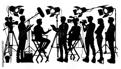 Film crew recording a scene with cameras, lights, and sound equipment. Black and white vector illustration. Design for filmmaking, production, and media-themed prints