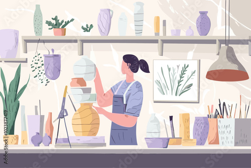 Woman arranging pottery in a ceramics studio with various tools and plants around. Cartoon vector illustration. Design for craft, pottery, and studio-themed prints.