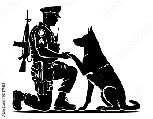 Police officer kneeling and shaking hands with a dog. Black and white silhouette illustration. Design for law enforcement, K9 unit, and security-themed prints