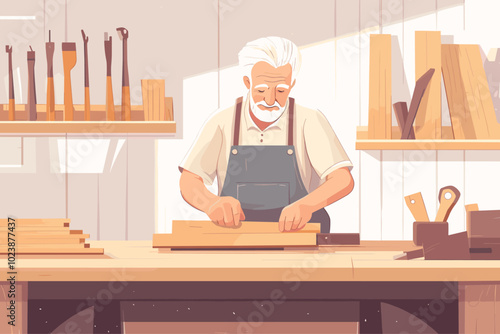 Elderly woodworker working on a piece of wood in his workshop. Cartoon vector illustration. Design for craft, woodworking, and craftsmanship-themed prints.