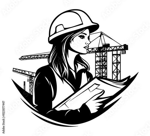 Female architect holding blueprints with a city construction site in the background. Black and white vector illustration. Design for construction, architecture, and engineering-themed prints.