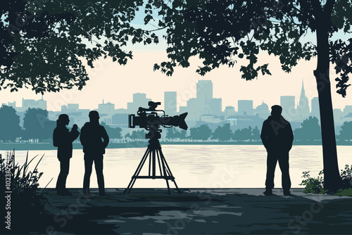 Film crew setting up camera by a city lake. Filmmaking and production concept
