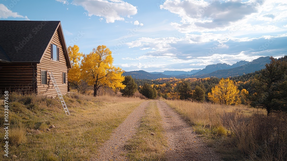 A picturesque log cabin surrounded by vibrant autumn trees, with a gravel path leading into a scenic mountain landscape under a blue sky. A picturesque log cabin surrounded by vibrant autumn trees, with a gravel path leading into a scenic mountain landscape under a blue sky.