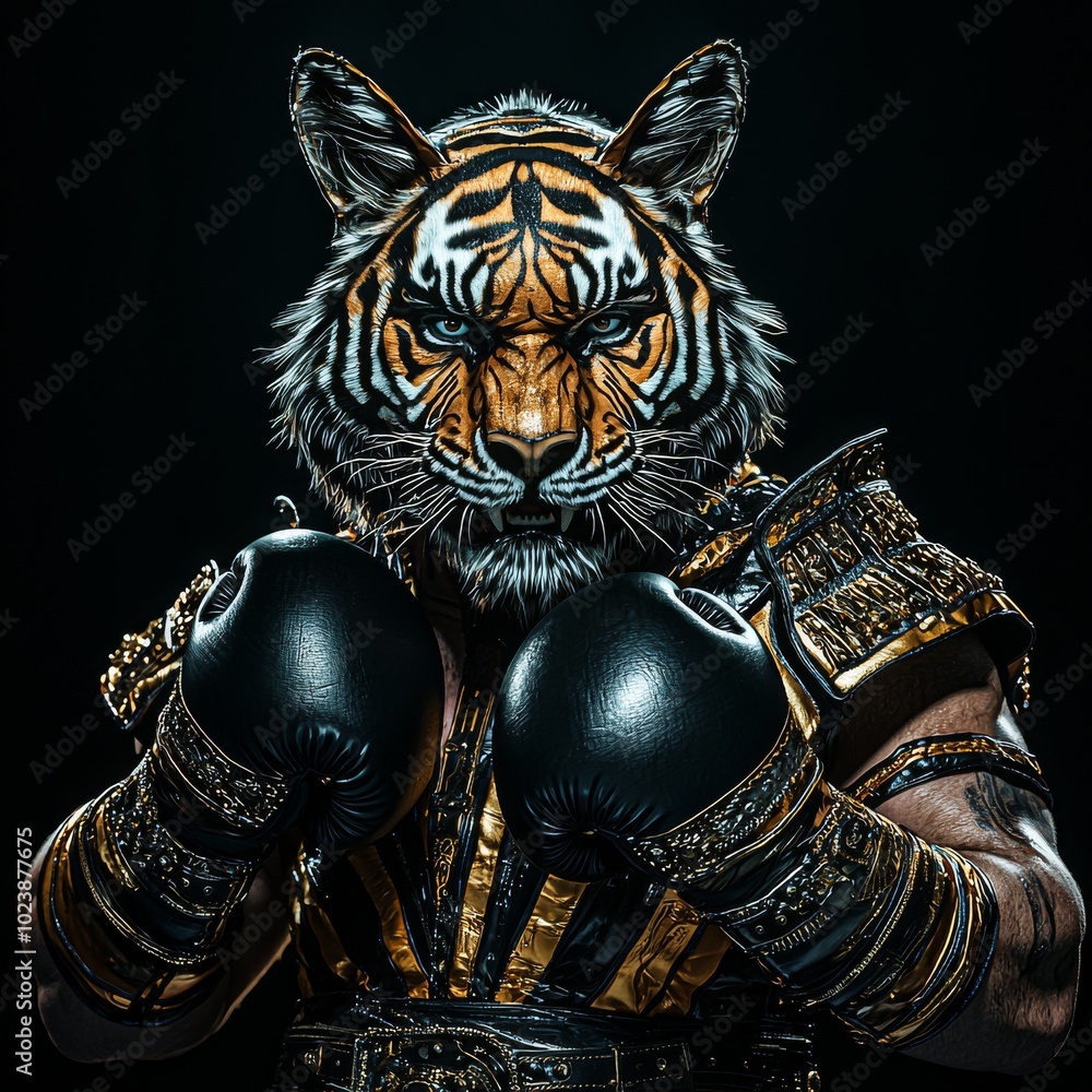 Fototapeta premium A striking male figure in an ornate tiger mask and boxing gloves, exuding strength and power against a dark backdrop.