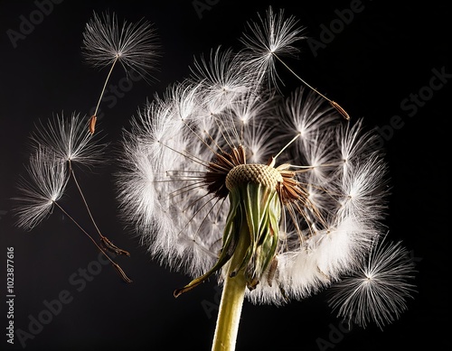 Seeds flying out of a dandelion flower isolated on black background