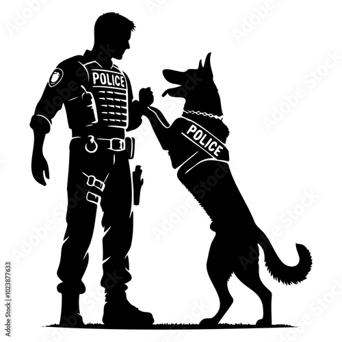 Silhouette of a police officer and a K9 dog shaking hands. Black and white vector illustration. Law enforcement and K9 unit teamwork concept for design and print.