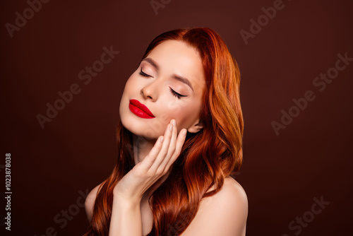 Photo of stunning fashionable lady touch perfect makeover isolated on brown color background