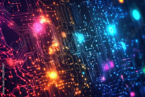 Abstract AI neural network background with glowing circuits and vibrant colors