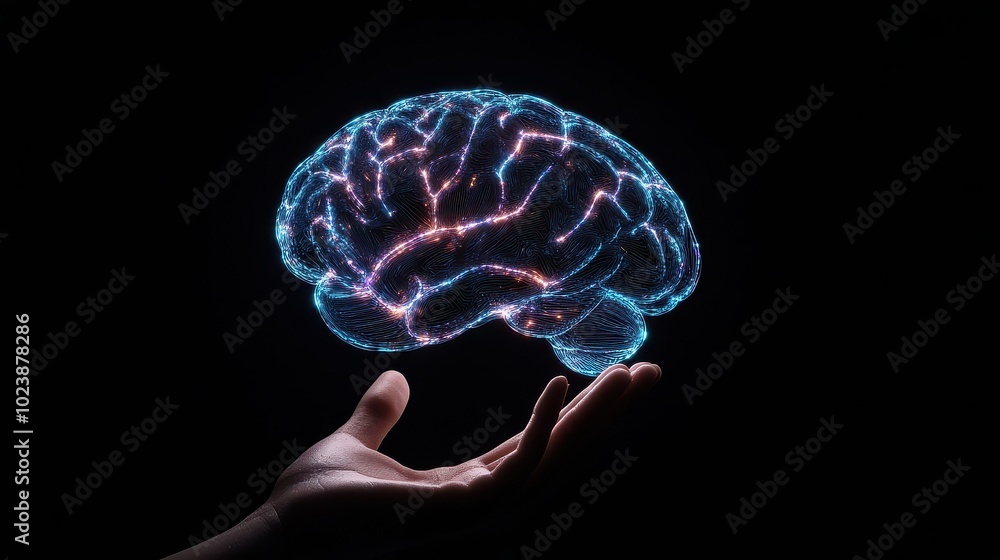 A luminous brain floating above a hand, symbolizing knowledge, innovation, and the connection between technology and human intelligence. A luminous brain floating above a hand, symbolizing knowledge, innovation, and the connection between technology and human intelligence.