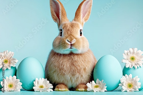 Easter bunny with blue eggs and white flowers. photo