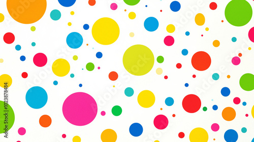 Colorful polka dot pattern with bright circles on white background.